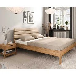 Wohnen Betten|Betten*Wildeiche Holzbett mit Polsterkopfteil in Beige - Favorite
