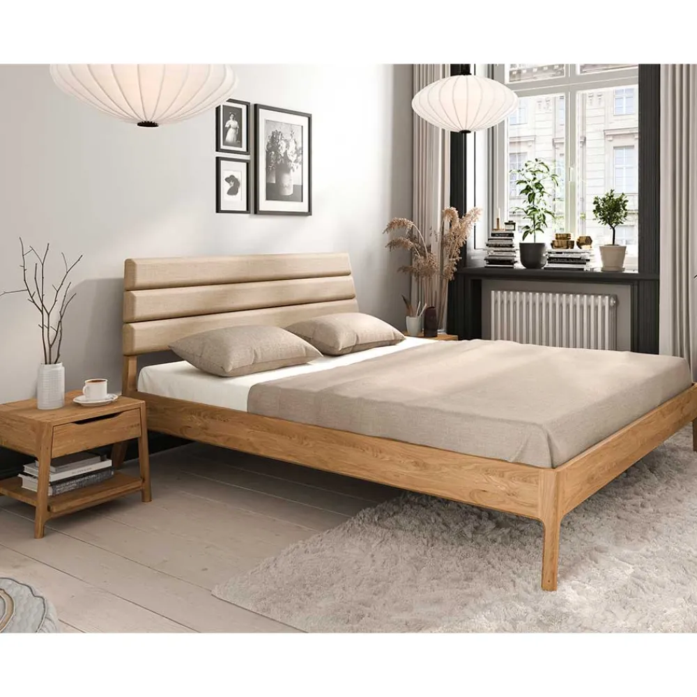 Wohnen Betten|Betten*Wildeiche Holzbett mit Polsterkopfteil in Beige - Favorite