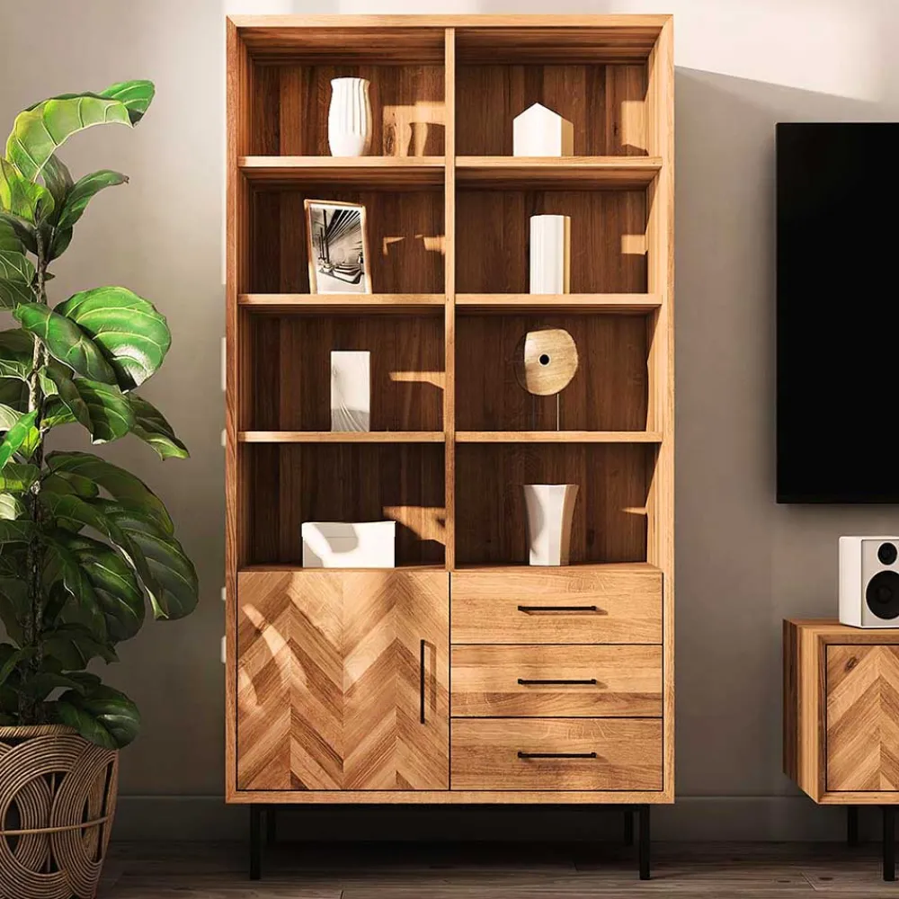 Wohnen Skandinavische Möbel|Wohnzimmer-Regale*Wildeiche Regal mit Tür & drei Schubladen - Kerfa