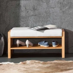 Wohnen Schuhschränke|Garderobenbänke*Wildeiche Sitzbank mit weißem Echtleder - Mandrey