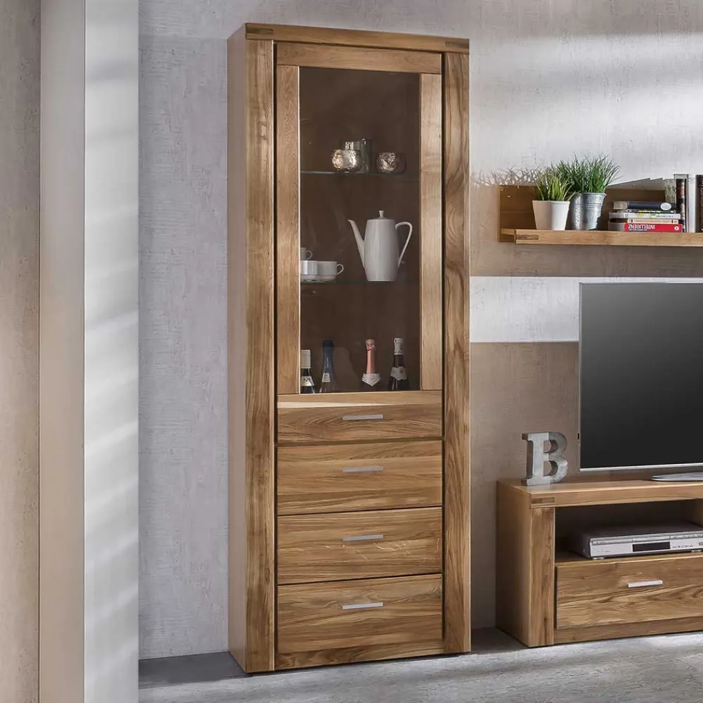 Wohnen Wildeiche Vitrinenschrank mit 3 Schubladen - Maila