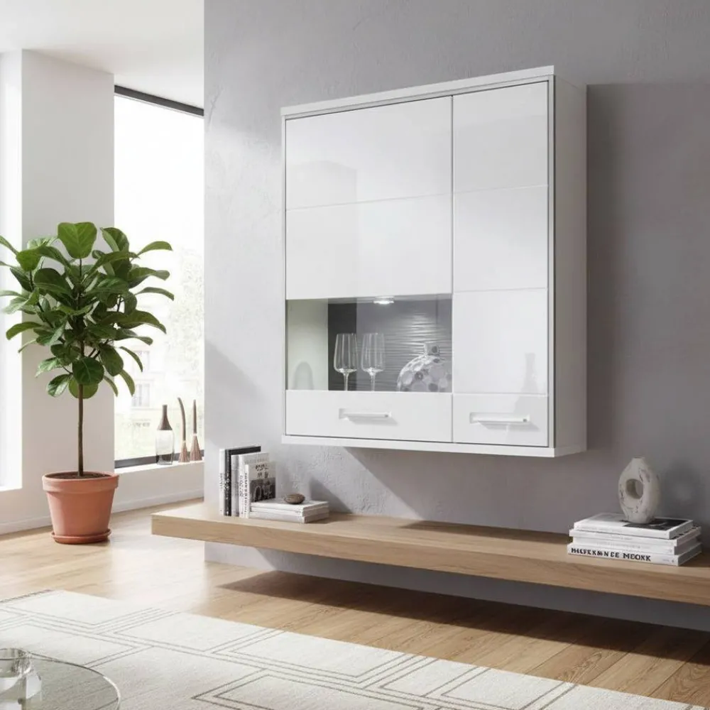 Wohnen Wohnwand Hängevitrine Tacroma in Weiß Hochglanz