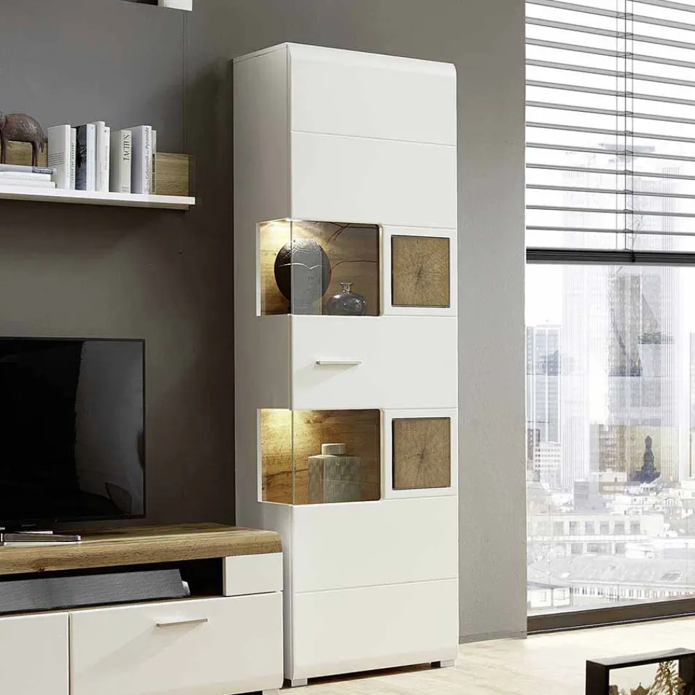 Wohnen Wohnwand Vitrinenschrank in Weiß Eiche - Lisepio