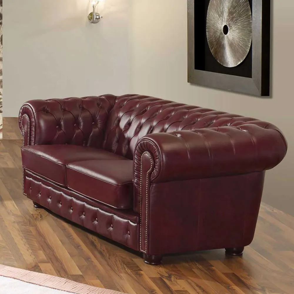 Wohnen Chesterfield Möbel*Wohnzimmer Couch in Dunkelrot Leder - Tuguda