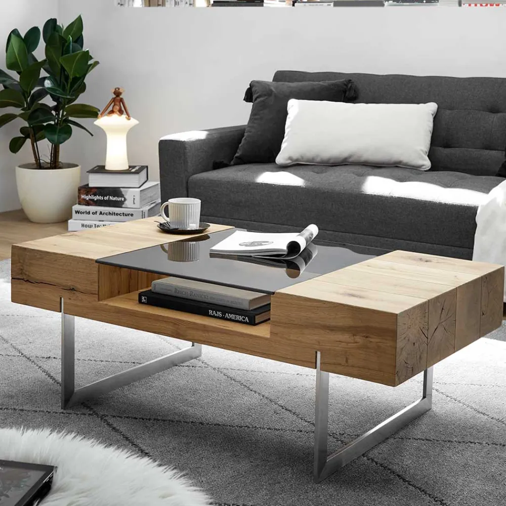 Wohnen Wohnzimmertisch aus Rauchglas und Asteiche Furnier - Valjita