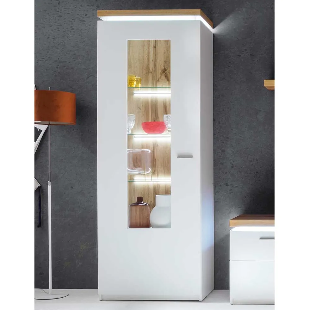 Wohnen Weiße Möbel|Vitrinen*Wohnzimmervitrine in Weiß & Dekor Wildeiche - Caldri