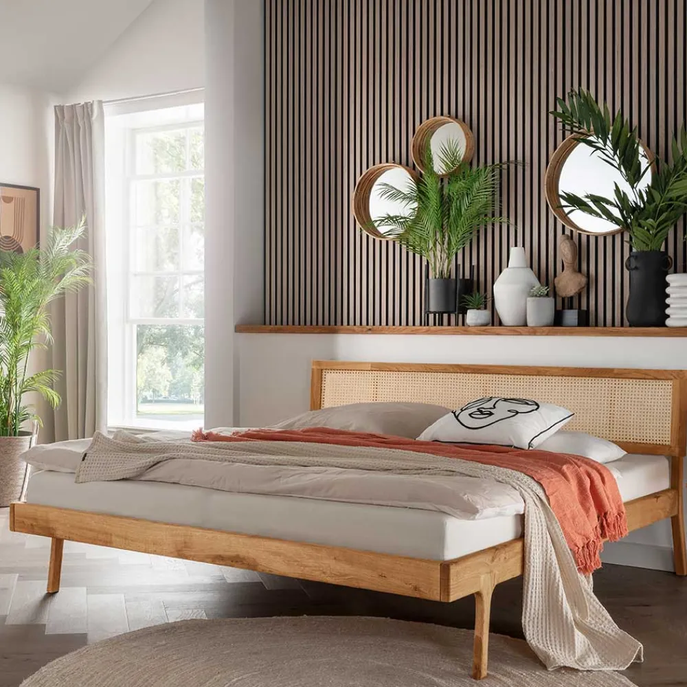 Wohnen Naturholzmöbel|Rattanmöbel*140x200 Holzbett aus Wildeiche mit Rattan - Ambrosso