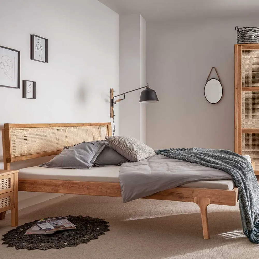 Wohnen Naturholzmöbel|Rattanmöbel*140x200 Holzbett aus Wildeiche mit Rattan - Ambrosso