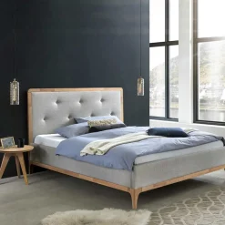 Wohnen Skandinavische Möbel*140x200 Stoffbett in Grau mit Holz - Palmiro