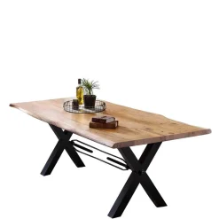 Wohnen Naturholzmöbel|Tische*X-Fuß Designtisch mit Holz Platte mit Naturkante - Liyadiro
