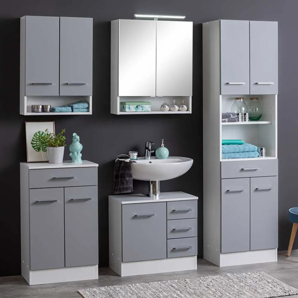 Wohnen Badschränke*50x190x35 Bad Hochschrank in Hellgrau & Weiß - Girios