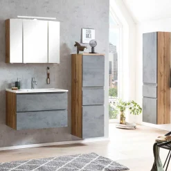 Wohnen 130x40x35 cm Midi Badschrank in Beton & Wildeiche - Mia