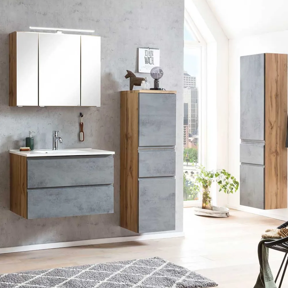 Wohnen 130x40x35 cm Midi Badschrank in Beton & Wildeiche - Mia