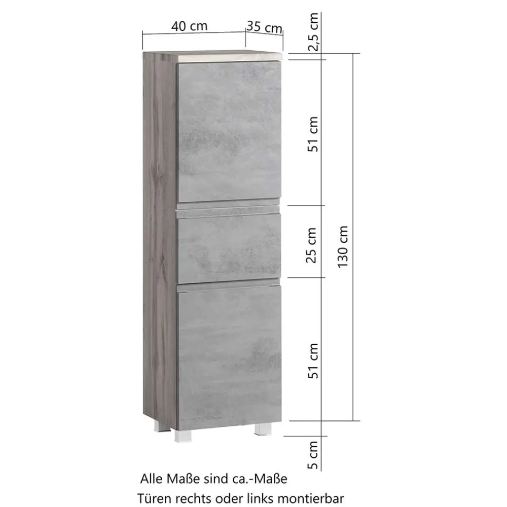 Wohnen 130x40x35 cm Midi Badschrank in Beton & Wildeiche - Mia