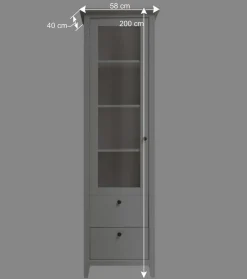 Wohnen 58x200x40 cm Skandi Vitrine in Weiß lackiert - Astinion