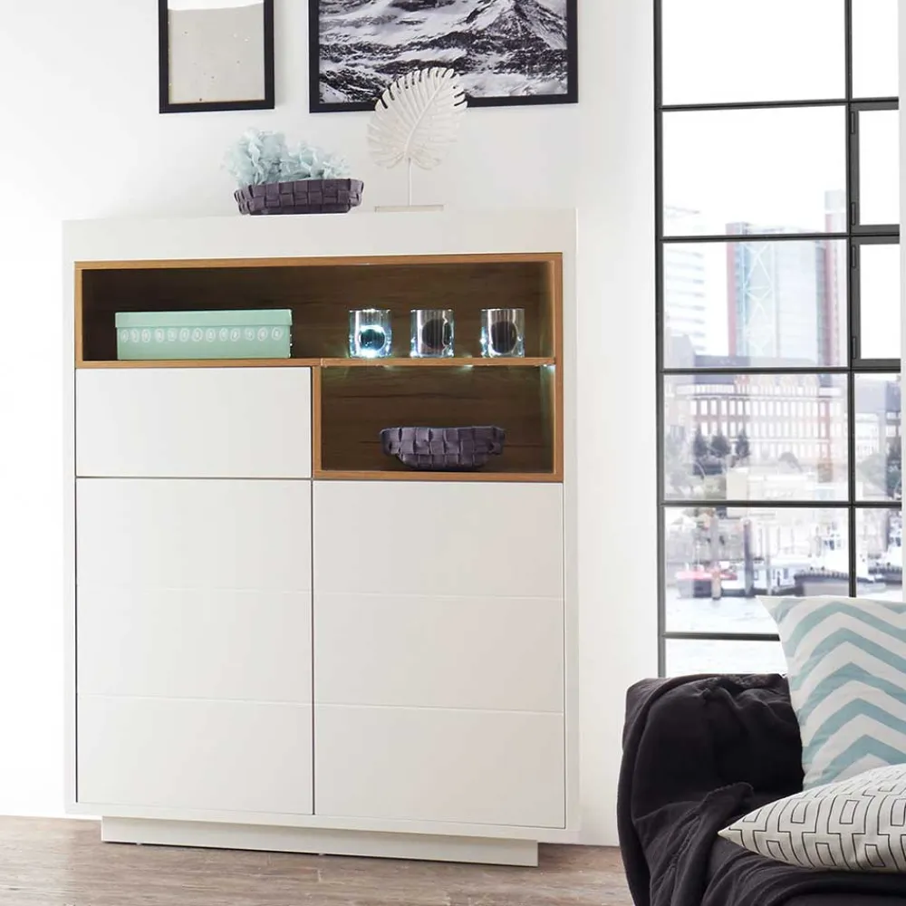 Wohnen 99x135x40 Design Highboard in Weiß & Eiche - Rucian