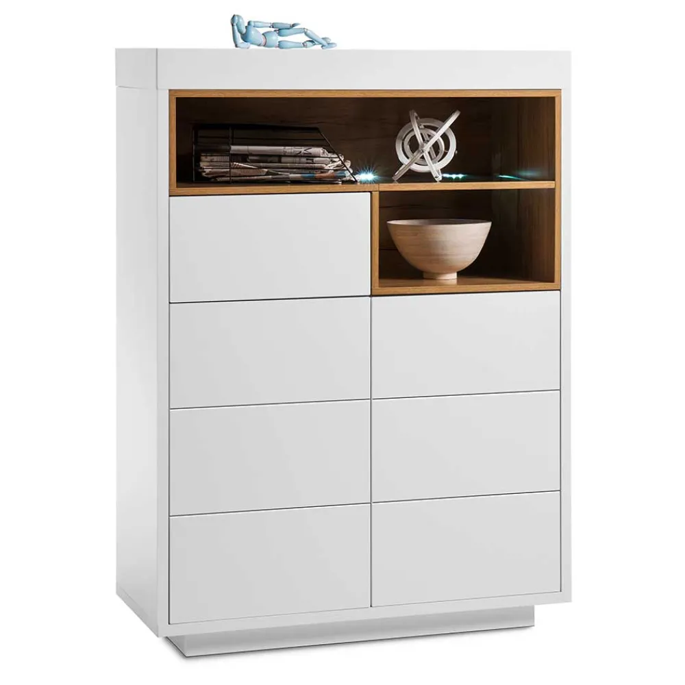 Wohnen 99x135x40 Design Highboard in Weiß & Eiche - Rucian