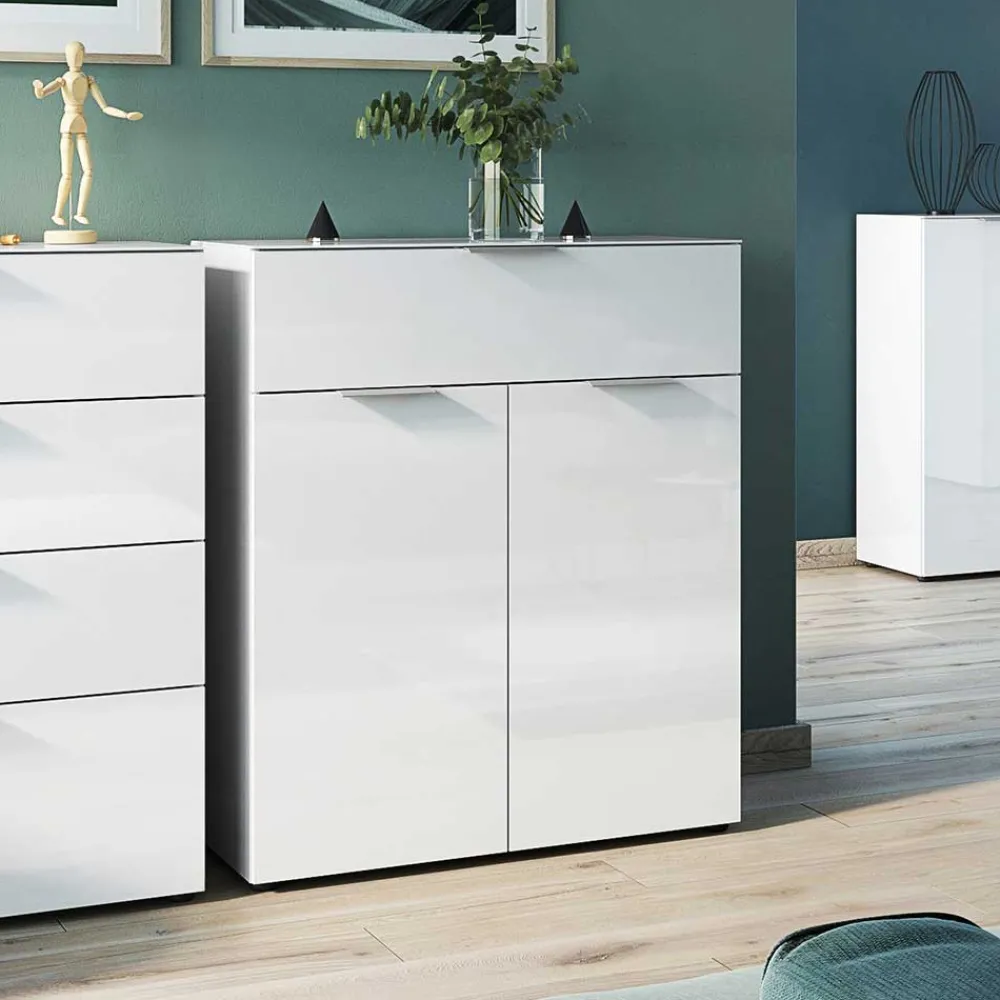 Wohnen 83x101x42 Design Vertiko in Weiß mit Glas - Soraga