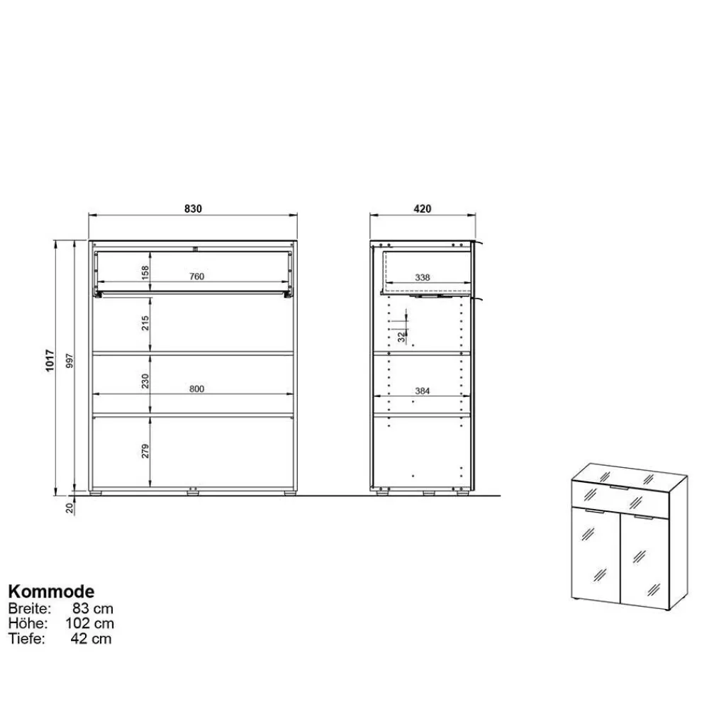 Wohnen Flurkommoden*83x102x42 Design Vertiko mit Glas Front - Ruudy