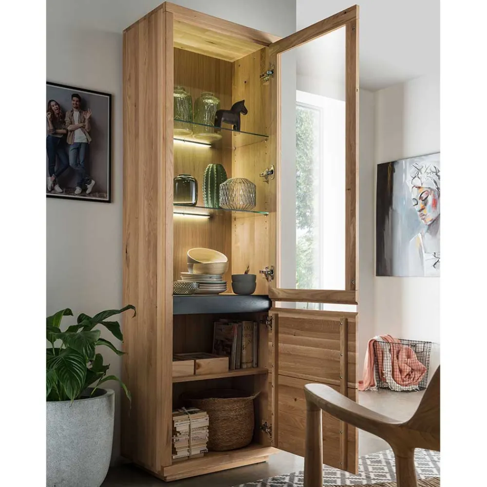 Wohnen Esszimmer-Vitrinen*65x205x40 Echtholz Vitrine aus Wildeiche - Embleys