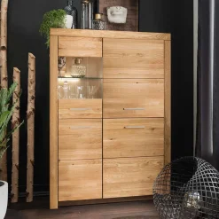 Wohnen Massivholzmöbel|Sideboards & Kommoden*102x141x40 Highboard aus Wildeiche mit Glaseinsatz - Loitons