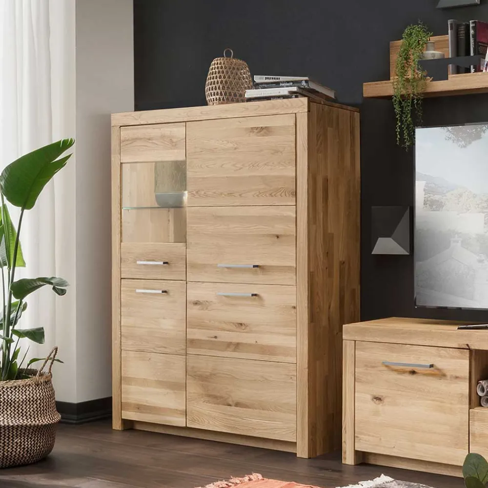 Wohnen Massivholzmöbel|Sideboards & Kommoden*102x141x40 Highboard aus Wildeiche mit Glaseinsatz - Loitons