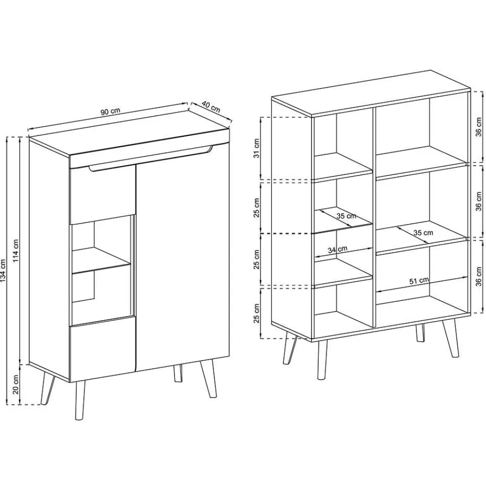 Wohnen 90x134x40 Highboard mit Glaseinsatz 2-türig - Olcian