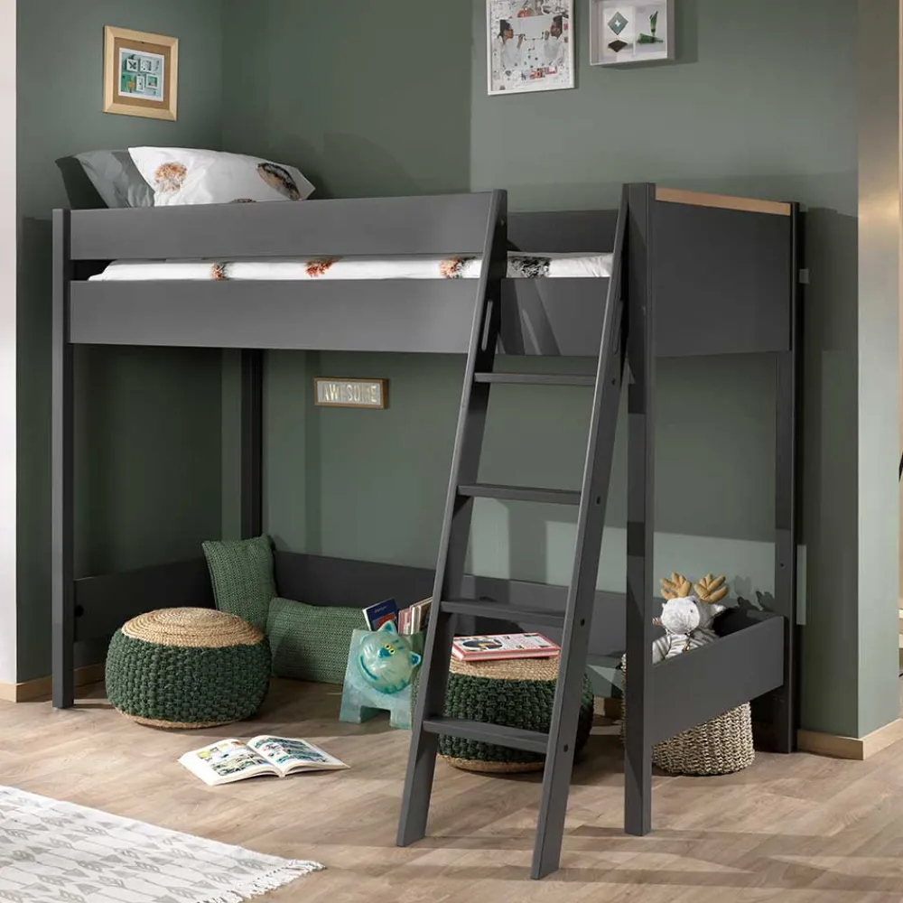 Kinder Wohnen 139x160x210 Hochbett mit Leiter in Anthrazit - Donya
