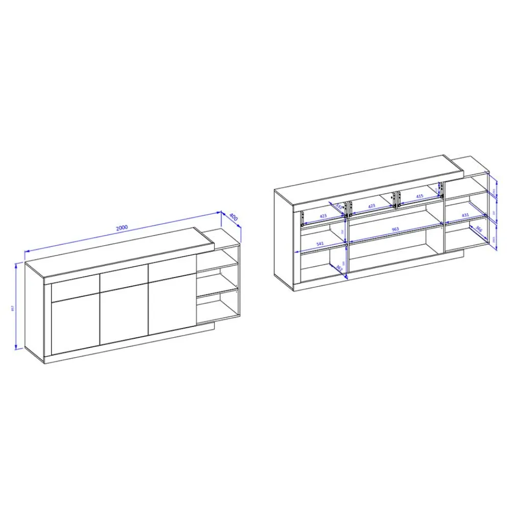 Wohnen Sideboards*200x86x40 Hochglanz Anrichte in Weiß - Milvara