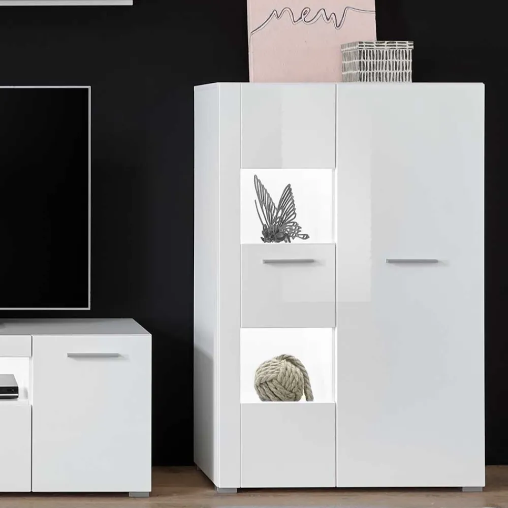 Wohnen Vitrinen|Wohnzimmer-Vitrinen*80x123x35 Hochglanz Vitrinenschrank in Weiß - Timmona