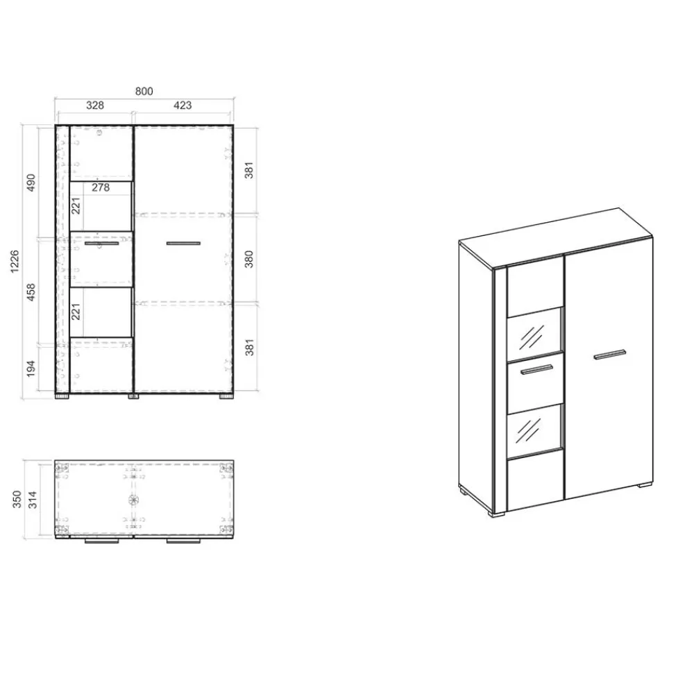 Wohnen Vitrinen|Wohnzimmer-Vitrinen*80x123x35 Hochglanz Vitrinenschrank in Weiß - Timmona