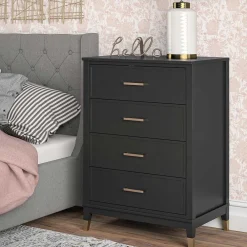 Wohnen Landhausmöbel|Kommoden*76x106x51 Hochkommode in Schwarz und Gold - Lorenca