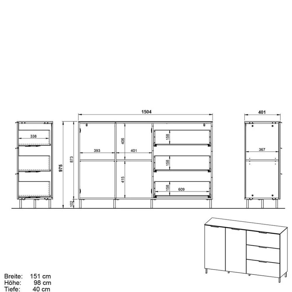 Wohnen 151x98x40 Hohe Kombi-Kommode in Dunkelgrau - Lurys