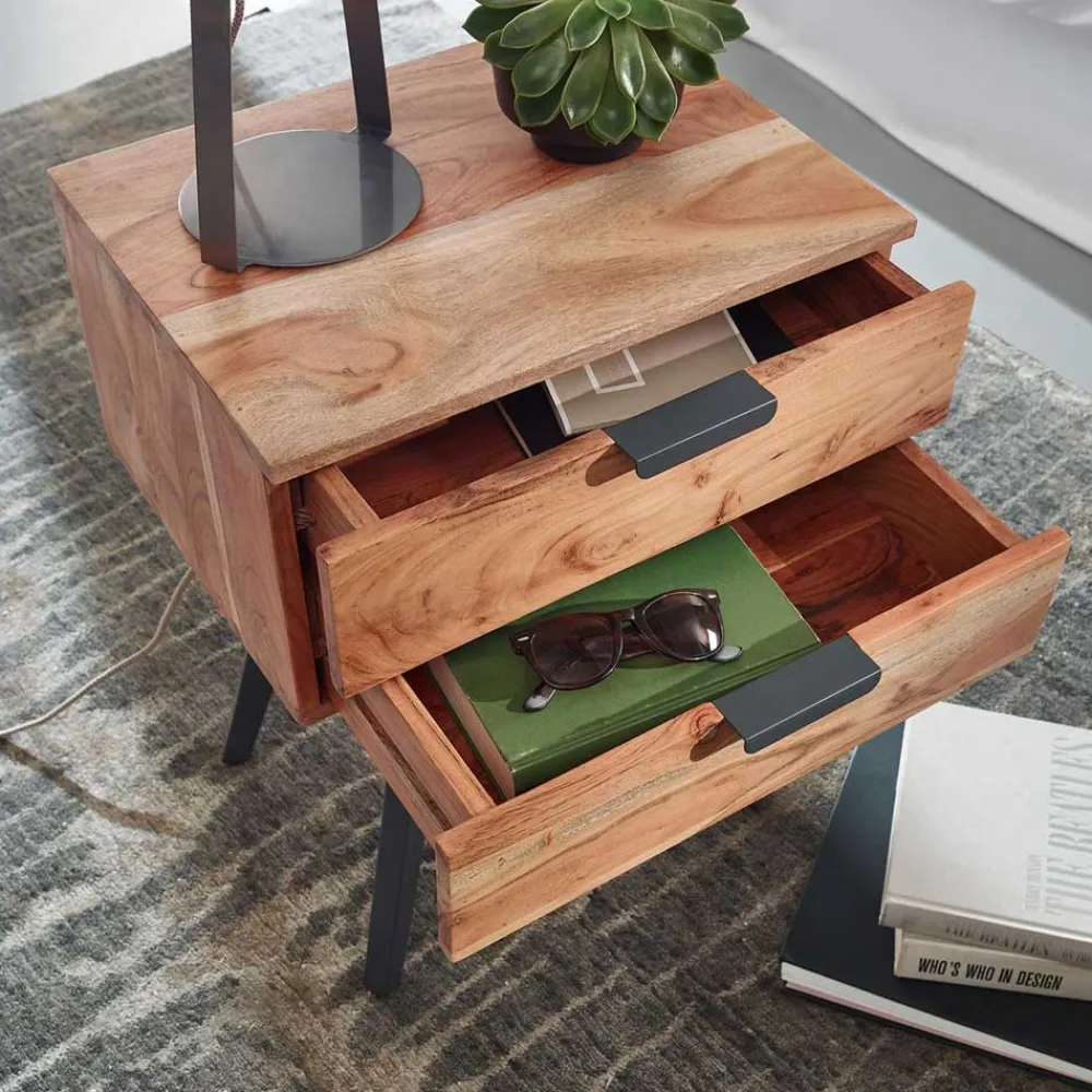 Wohnen 47x65x35 Hohe Nachtkommode aus Akazie Natur - Ishi