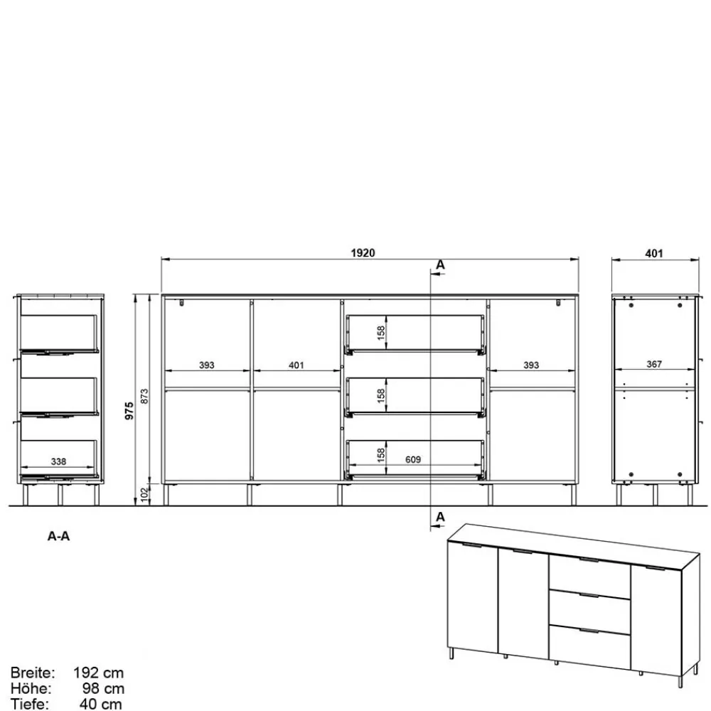 Wohnen Sideboards*192x98x40 Hohes Sideboard in Dunkelgrau - Lurys