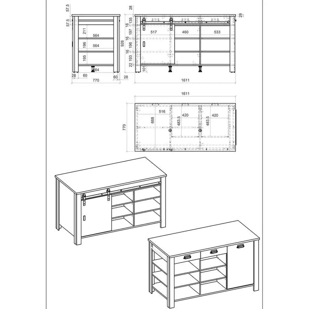 Wohnen 161x93x77 Kücheninsel in Weiß & Anthrazit - Eture