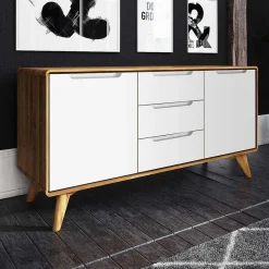 Wohnen Sideboards & Kommoden|Sideboards & Kommoden*134x63x40 Kombi Kommode in Weiß & Wildeiche Natur - Diesta