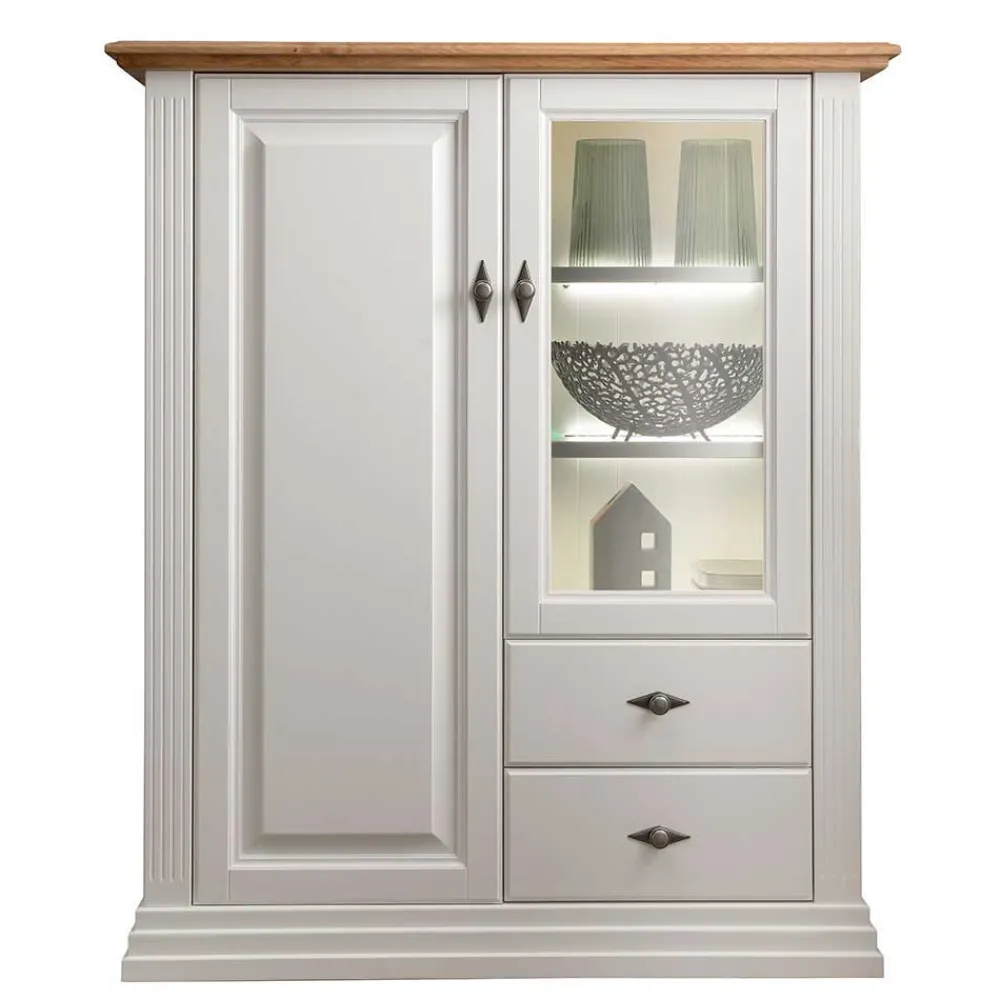 Wohnen 113x134x45 Landhaus Highboard mit Glas-Einsatz - Henry
