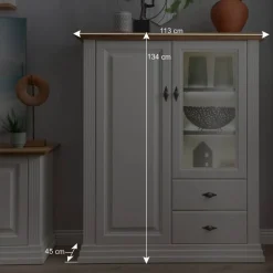 Wohnen 113x134x45 Landhaus Highboard mit Glas-Einsatz - Henry