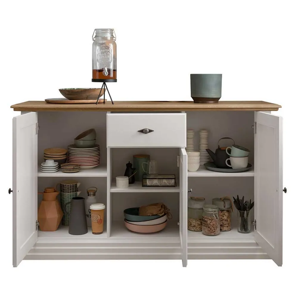 Wohnen 157x91x45 Landhaus Kommode in Weiß & Eiche - Henry