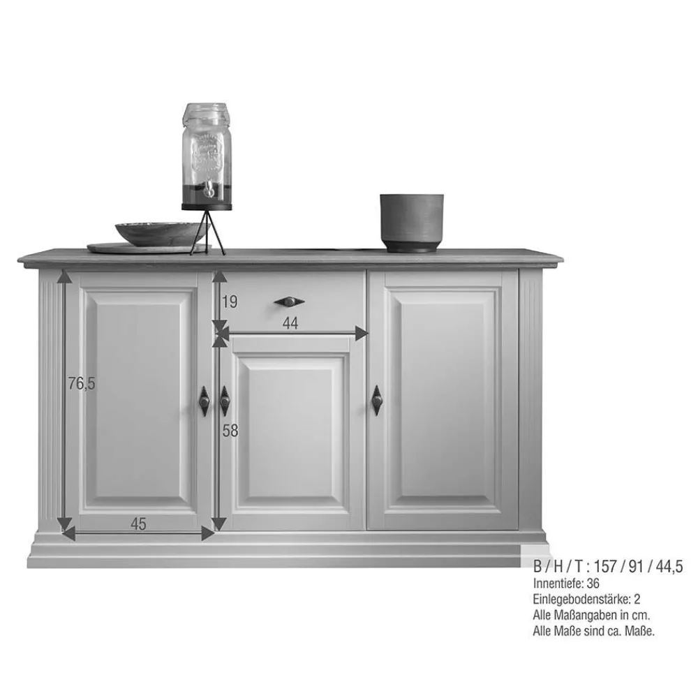 Wohnen 157x91x45 Landhaus Kommode in Weiß & Eiche - Henry