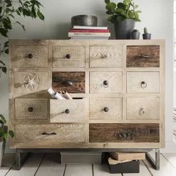 Wohnen 110x91x37 Recyclingholz Kommode mit 14 Schubladen - Emirello