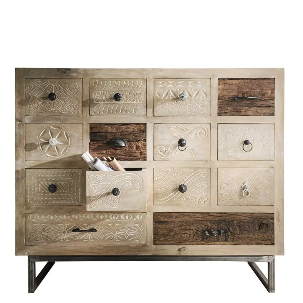 Wohnen 110x91x37 Recyclingholz Kommode mit 14 Schubladen - Emirello