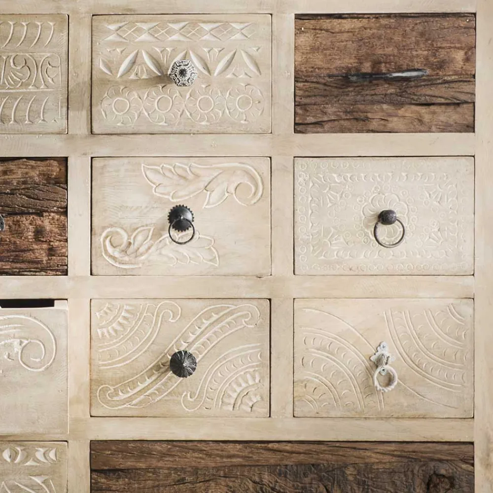 Wohnen 110x91x37 Recyclingholz Kommode mit 14 Schubladen - Emirello