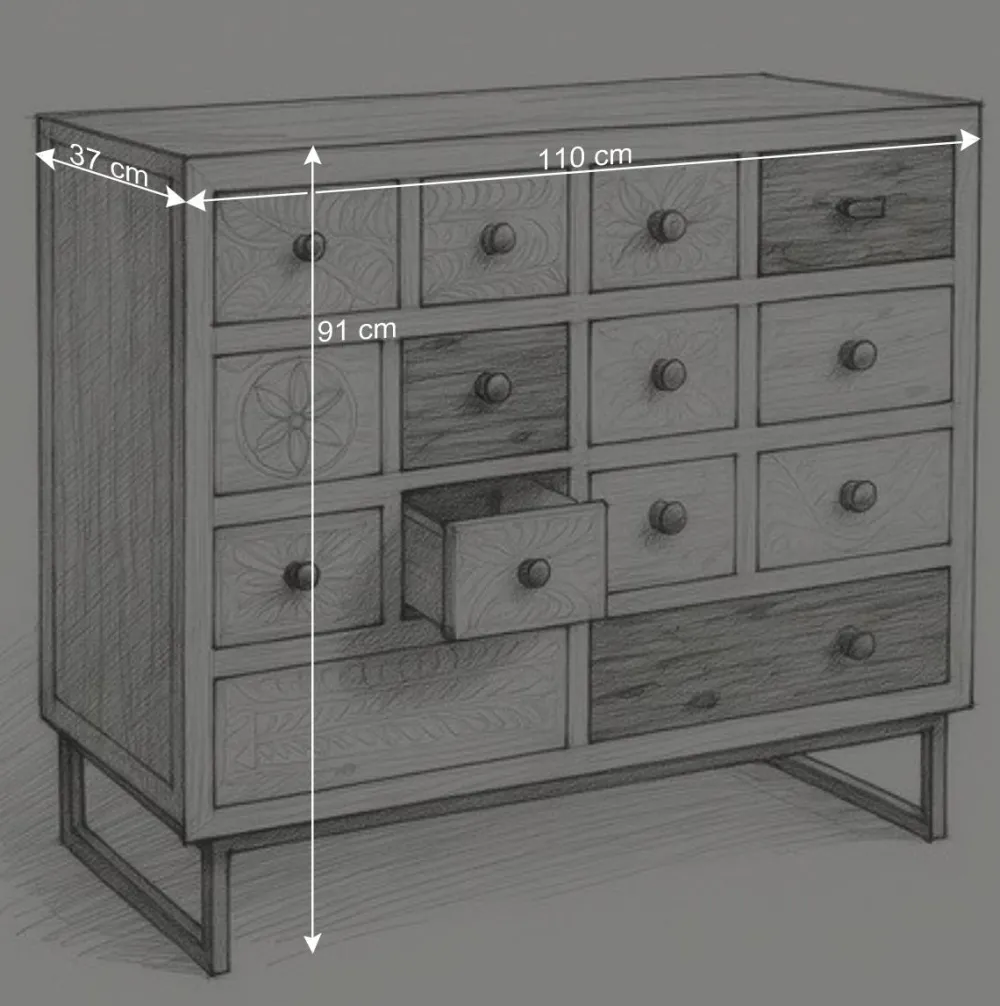 Wohnen 110x91x37 Recyclingholz Kommode mit 14 Schubladen - Emirello
