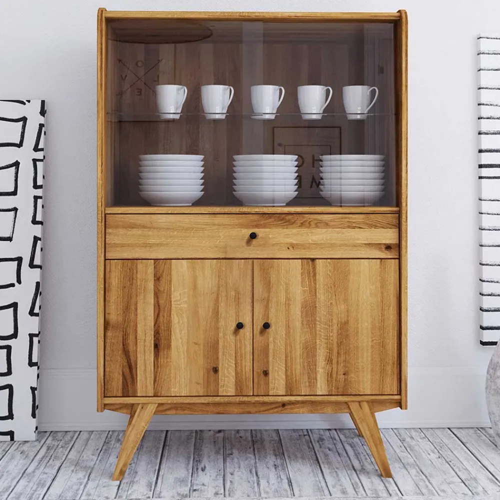 Wohnen Glasmöbel|Massivholzmöbel*100x154x50 Retro Vitrinenschrank aus Wildeiche - Hardus