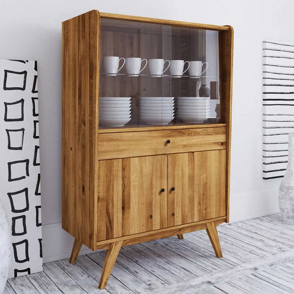 Wohnen Glasmöbel|Massivholzmöbel*100x154x50 Retro Vitrinenschrank aus Wildeiche - Hardus