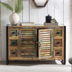 Wohnen Shabby Chic Möbel*120x80x35 Shabby Chic Kommode aus buntem Altholz - Vosbadus