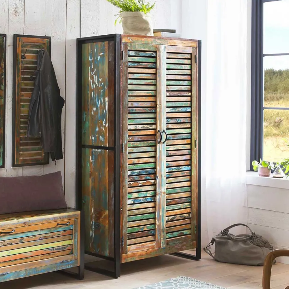 Wohnen Shabby Chic Möbel|Garderobenschränke*90x180x45 Shabby Chic Schrank mit 2 Lamellentüren - Vosbadus