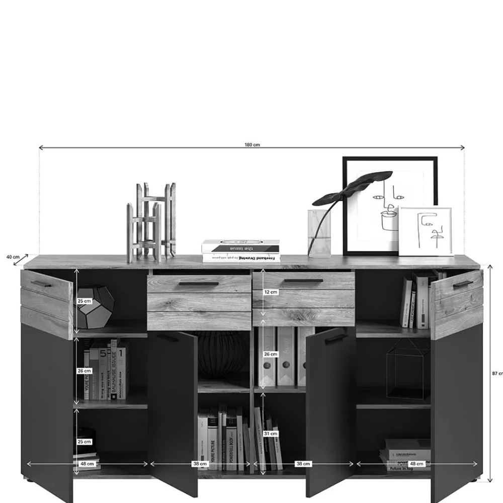 Wohnen Sideboards*180x87x40 Sideboard mit 2 Schubladen & 4 Türen - Lucios